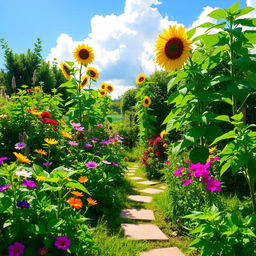 A lush, vibrant green garden filled with a variety of plants and flowers