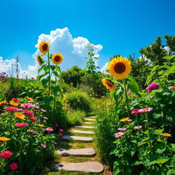 A lush, vibrant green garden filled with a variety of plants and flowers