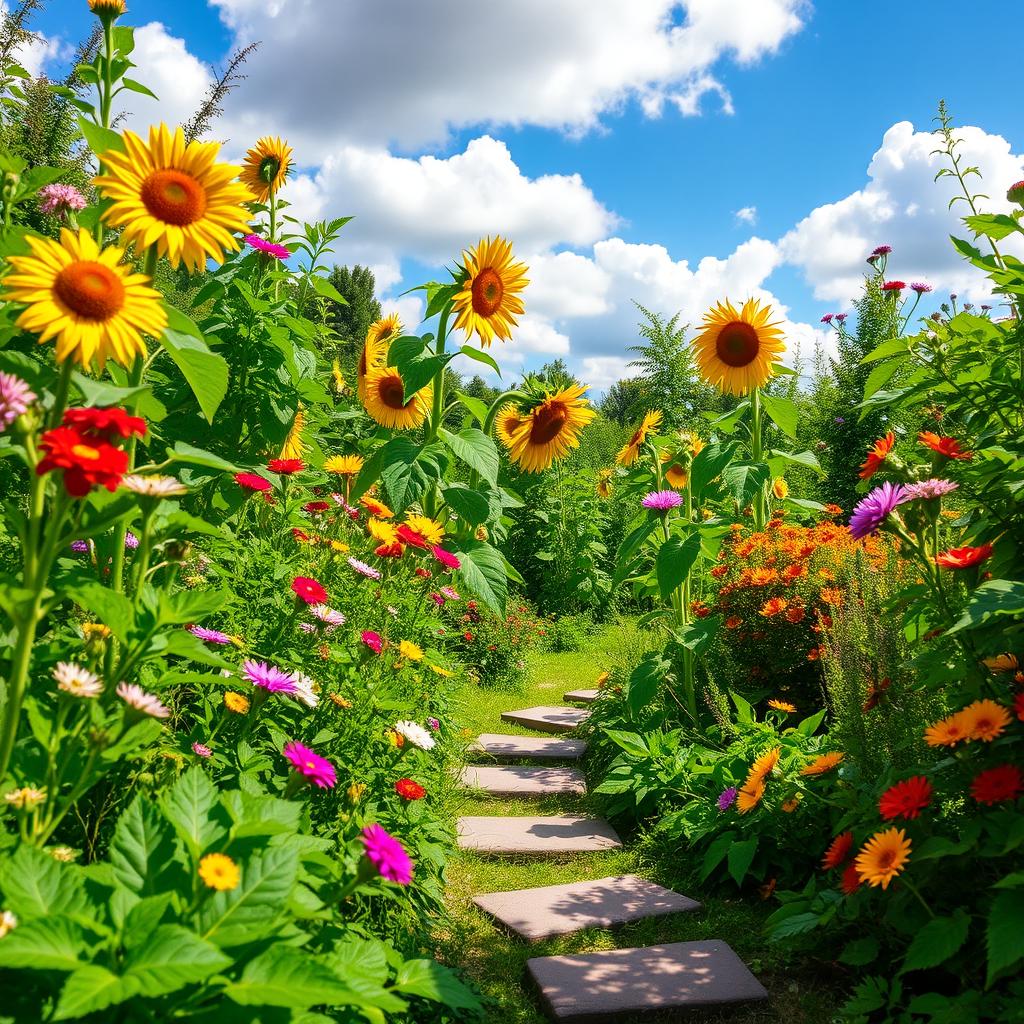 A lush, vibrant green garden filled with a variety of plants and flowers