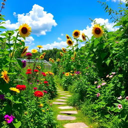 A lush, vibrant green garden filled with a variety of plants and flowers