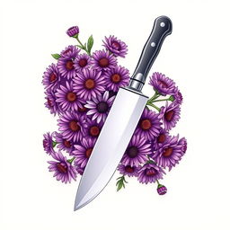 A book cover design featuring a sharp, elegantly designed knife at the center, surrounded by a vibrant cluster of aster flowers in various shades of purple and pink