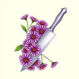 A book cover design featuring a sharp, elegantly designed knife at the center, surrounded by a vibrant cluster of aster flowers in various shades of purple and pink