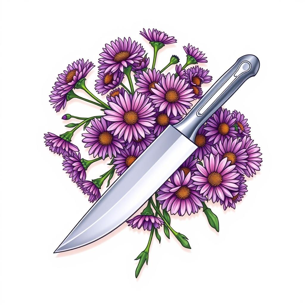 A book cover design featuring a sharp, elegantly designed knife at the center, surrounded by a vibrant cluster of aster flowers in various shades of purple and pink