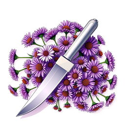 A book cover design featuring a sharp, elegantly designed knife at the center, surrounded by a vibrant cluster of aster flowers in various shades of purple and pink