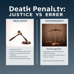 An argument poster titled "Death Penalty: Justice vs Error" designed in a realistic and neutral style