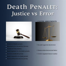 An argument poster titled "Death Penalty: Justice vs Error" designed in a realistic and neutral style