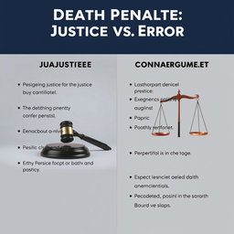 An argument poster titled "Death Penalty: Justice vs Error" designed in a realistic and neutral style