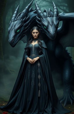 A majestic dark queen standing confidently beside a stunningly realistic black dragon with vibrant green eyes