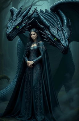 A majestic dark queen standing confidently beside a stunningly realistic black dragon with vibrant green eyes