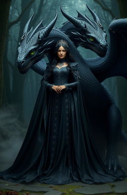 A majestic dark queen standing confidently beside a stunningly realistic black dragon with vibrant green eyes
