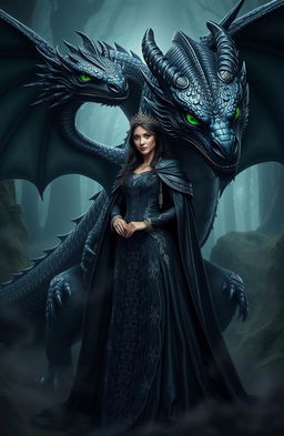 A majestic dark queen standing confidently beside a stunningly realistic black dragon with vibrant green eyes