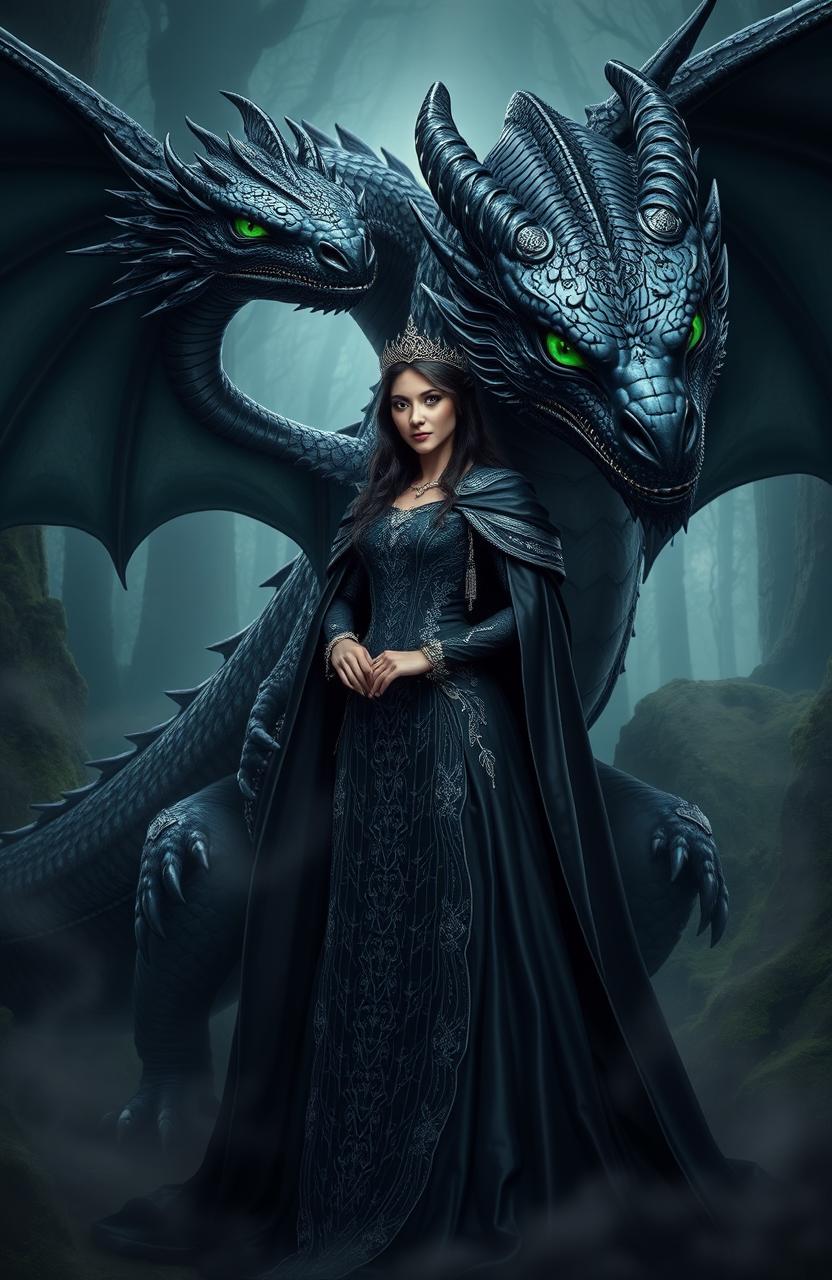 A majestic dark queen standing confidently beside a stunningly realistic black dragon with vibrant green eyes
