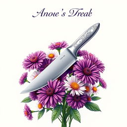 A captivating book cover design featuring a sleek, modern knife positioned prominently in the center, elegantly surrounded by a lush arrangement of aster flowers in vibrant hues of purple, pink, and white