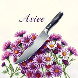 A captivating book cover design featuring a sleek, modern knife positioned prominently in the center, elegantly surrounded by a lush arrangement of aster flowers in vibrant hues of purple, pink, and white