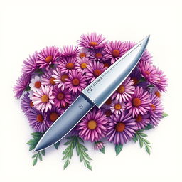 A captivating book cover design featuring a sleek, modern knife positioned prominently in the center, elegantly surrounded by a lush arrangement of aster flowers in vibrant hues of purple, pink, and white