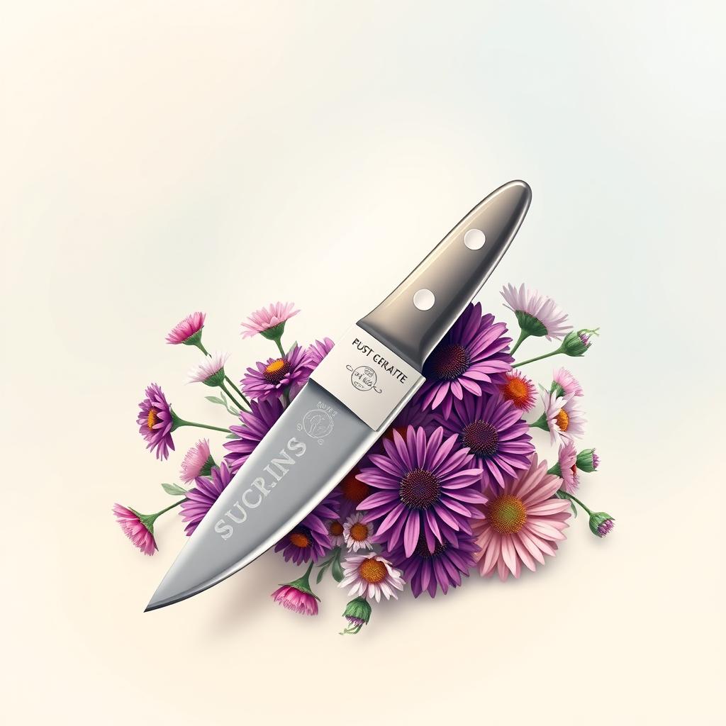 A captivating book cover design featuring a sleek, modern knife positioned prominently in the center, elegantly surrounded by a lush arrangement of aster flowers in vibrant hues of purple, pink, and white