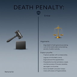 An argument poster titled "Death Penalty: Justice vs Error" designed with a realistic and neutral aesthetic