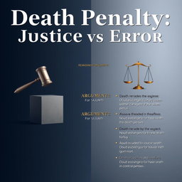 An argument poster titled "Death Penalty: Justice vs Error" designed with a realistic and neutral aesthetic