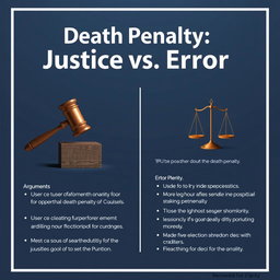 An argument poster titled "Death Penalty: Justice vs Error" designed with a realistic and neutral aesthetic