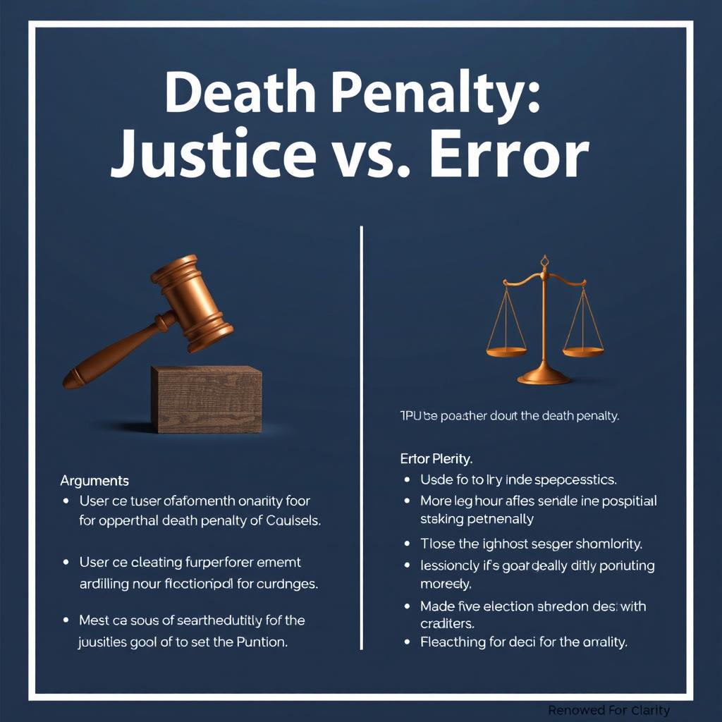 An argument poster titled "Death Penalty: Justice vs Error" designed with a realistic and neutral aesthetic