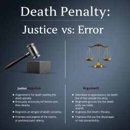 An argument poster titled "Death Penalty: Justice vs Error" designed with a realistic and neutral aesthetic