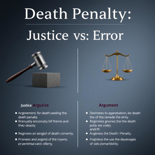 An argument poster titled "Death Penalty: Justice vs Error" designed with a realistic and neutral aesthetic