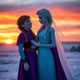 A serene and beautiful moment as Anna gazes at Elsa, both standing together during sunset