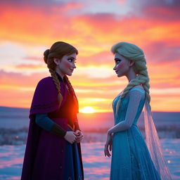 A serene and beautiful moment as Anna gazes at Elsa, both standing together during sunset
