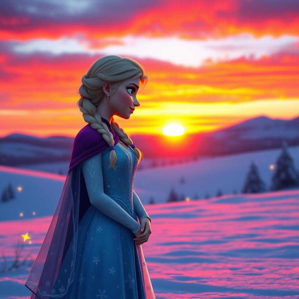 A serene and beautiful moment as Anna gazes at Elsa, both standing together during sunset