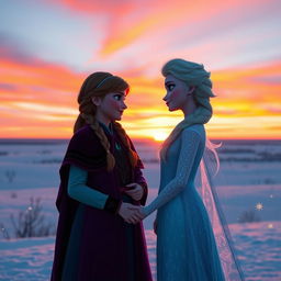 A serene and beautiful moment as Anna gazes at Elsa, both standing together during sunset