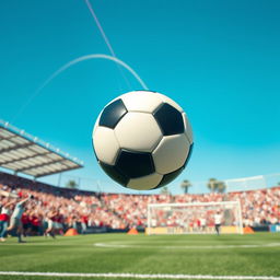 A dynamic scene capturing the trajectory of a soccer ball being shot in mid-air, demonstrating projectile motion