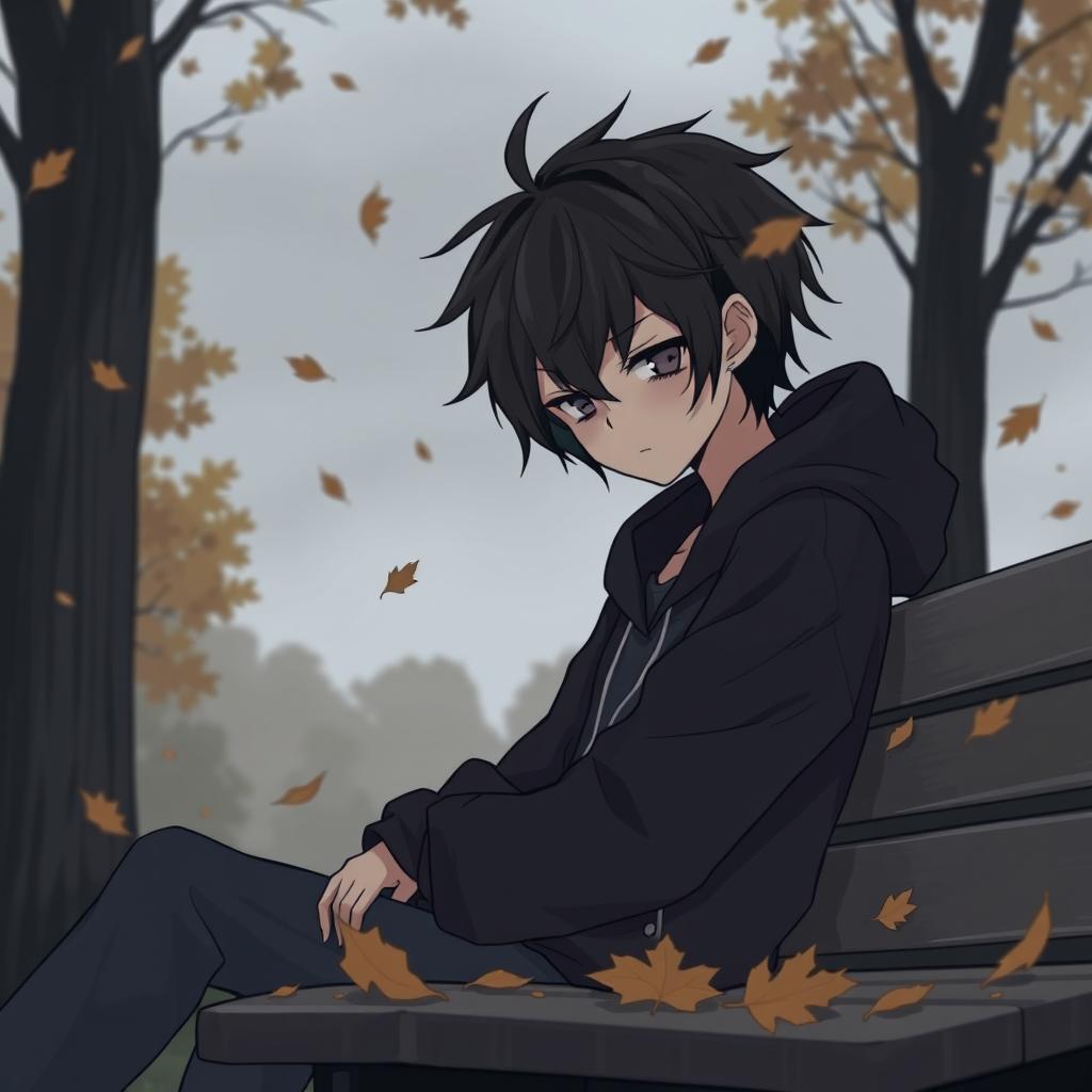 A sad anime guy sitting alone on a bench in a park during autumn
