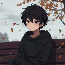 A sad anime guy sitting alone on a bench in a park during autumn