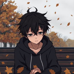 A sad anime guy sitting alone on a bench in a park during autumn