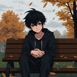A sad anime guy sitting alone on a bench in a park during autumn