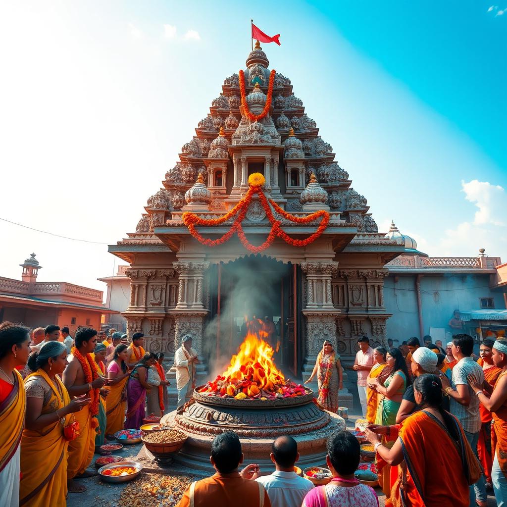 A vibrant scene depicting a traditional Yagna ceremony taking place near a majestic temple