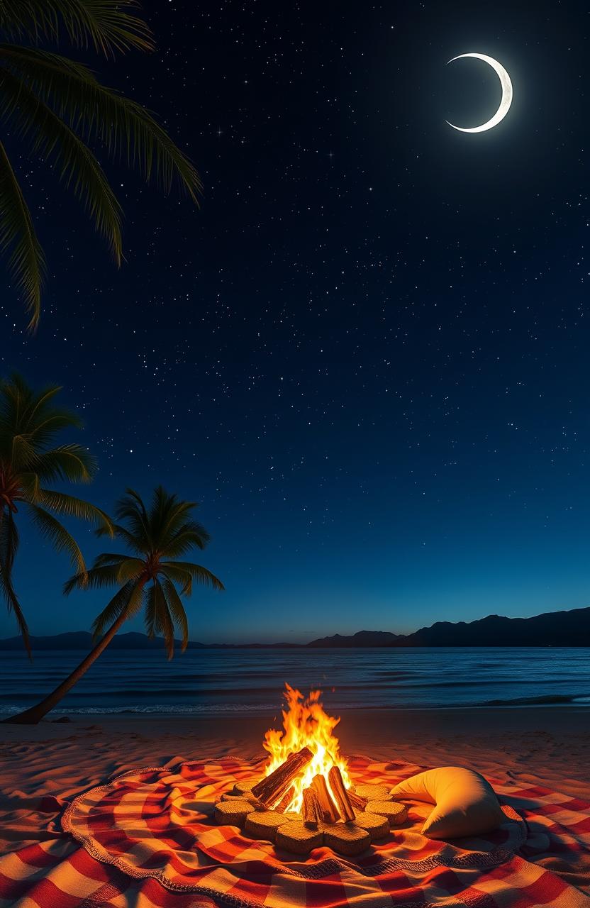 A serene summer night scene depicting a clear night sky filled with twinkling stars and a glowing crescent moon
