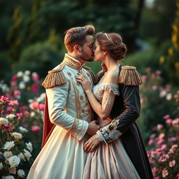A romantic scene showcasing a couple dressed in vintage clothing reminiscent of a prince and princess