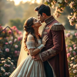 A romantic scene showcasing a couple dressed in vintage clothing reminiscent of a prince and princess
