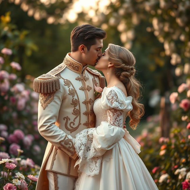 A romantic scene showcasing a couple dressed in vintage clothing reminiscent of a prince and princess