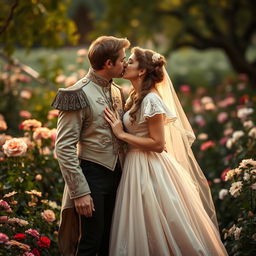A romantic scene showcasing a couple dressed in vintage clothing reminiscent of a prince and princess