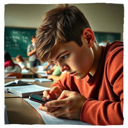A close-up scene depicting a student discreetly using a smartphone under a desk during a classroom exam