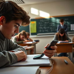 A close-up scene depicting a student discreetly using a smartphone under a desk during a classroom exam