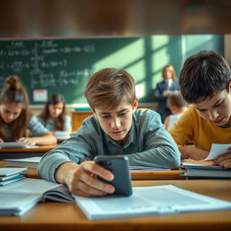 A close-up scene depicting a student discreetly using a smartphone under a desk during a classroom exam