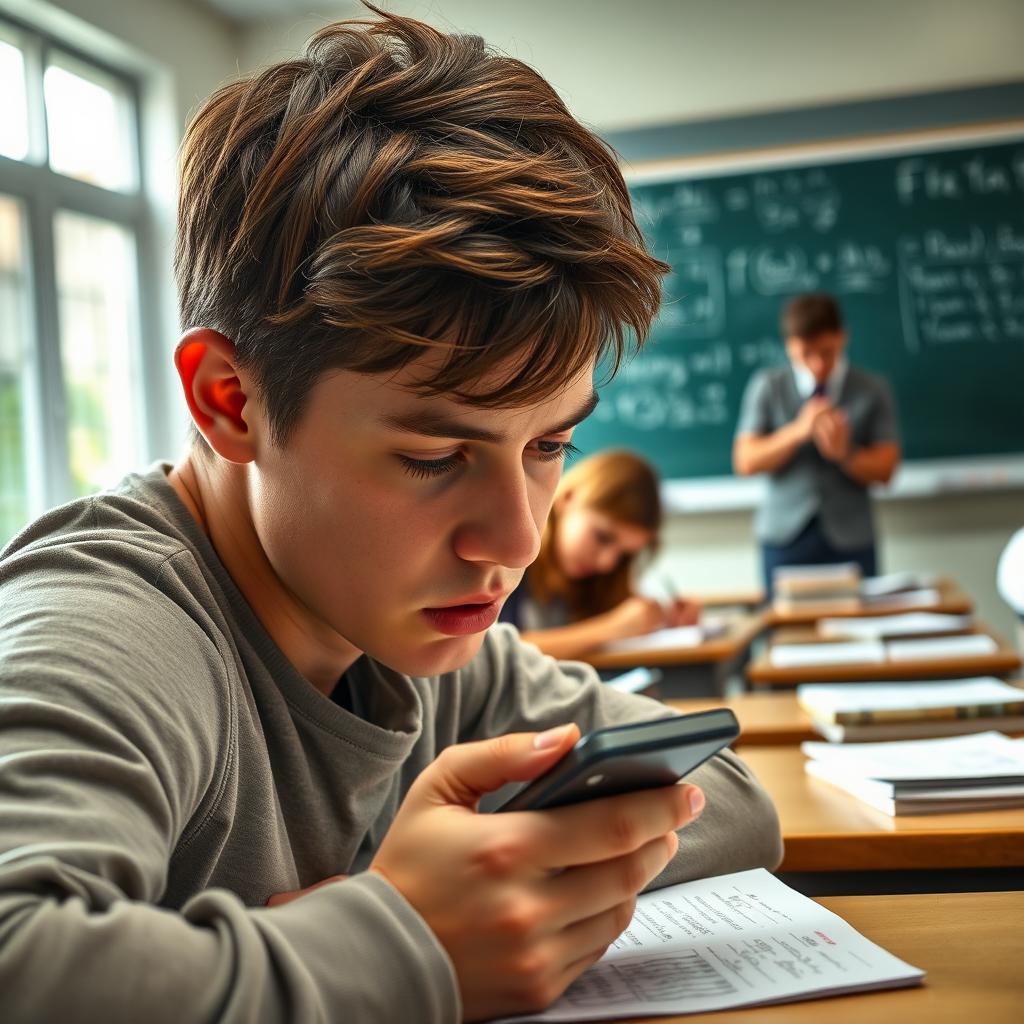 A close-up scene depicting a student discreetly using a smartphone under a desk during a classroom exam