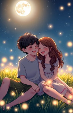 A romantic summer night scene featuring a boy with sleek black hair and a girl with wavy brown hair