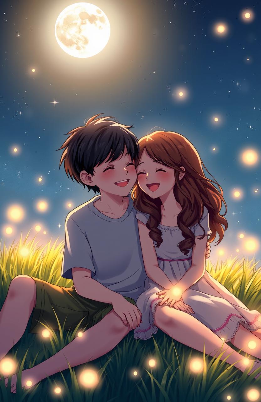 A romantic summer night scene featuring a boy with sleek black hair and a girl with wavy brown hair