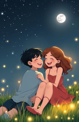 A romantic summer night scene featuring a boy with sleek black hair and a girl with wavy brown hair