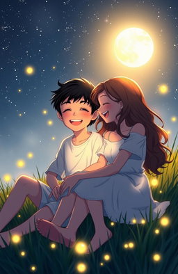 A romantic summer night scene featuring a boy with sleek black hair and a girl with wavy brown hair