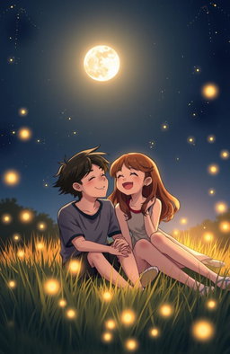 A romantic summer night scene featuring a boy with sleek black hair and a girl with wavy brown hair
